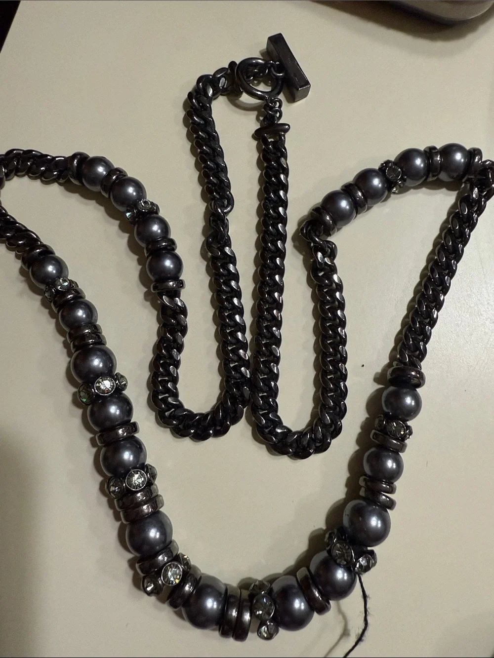 Vintage Givenchy Ruthenium Faux Gray Pearl Rhinestone Couture Statement Necklace